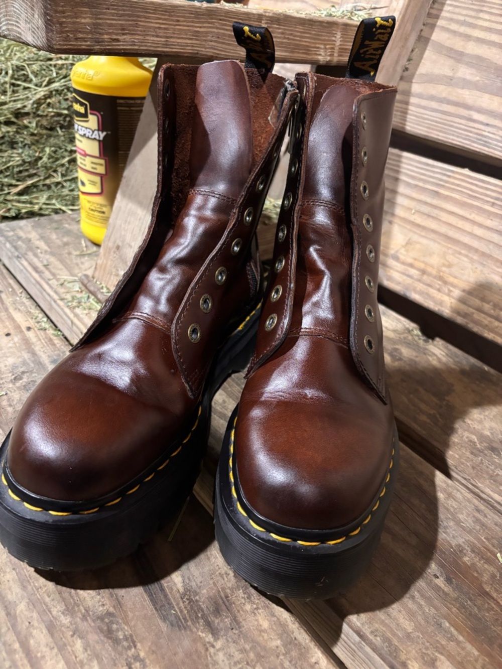 Dr. Martens Jadon Brown Leather Platform Boots with Yellow Stitching